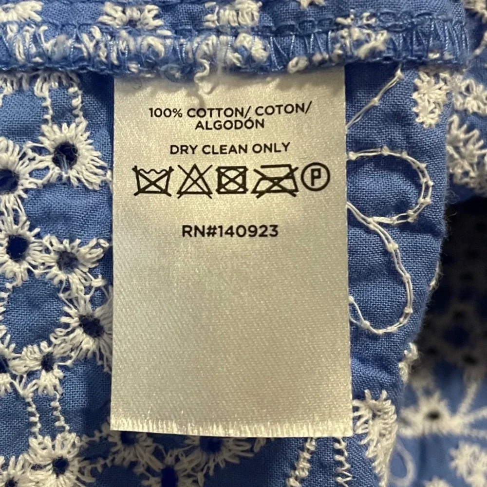 LOFT  Eyelet Puff Sleeve Top Blue White Square Neck Shirt Cottage Coquette Small